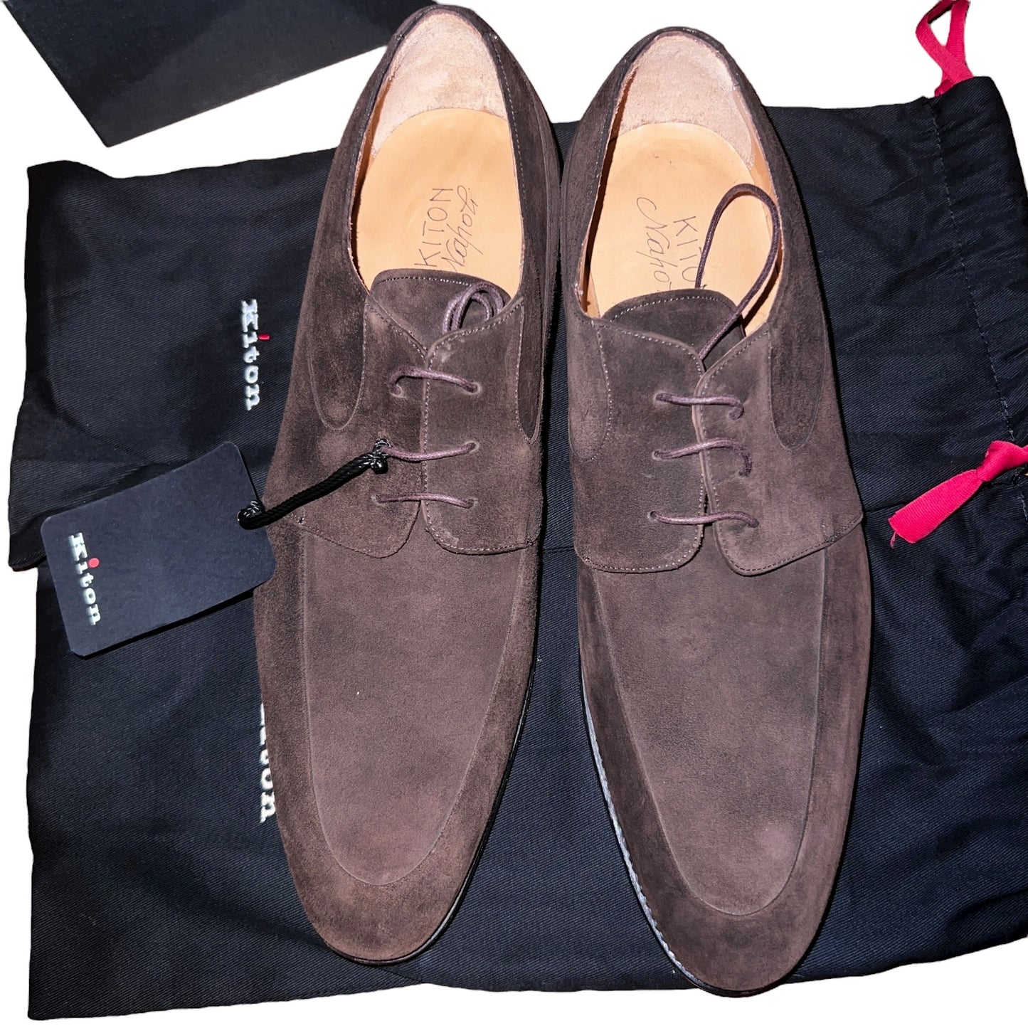 48万 新品 Kiton 総手縫い スエード ダービーシューズ 茶 10.5
