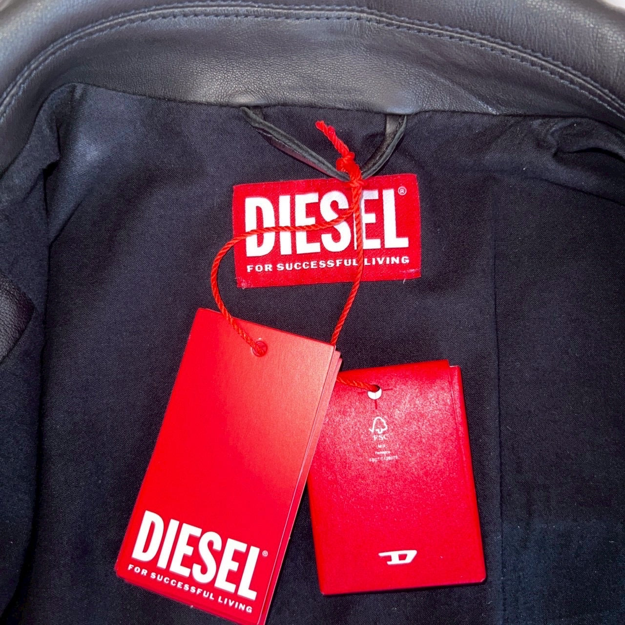 20万 DIESEL シープスキン 麻デニム イタリア製 レザージャケット 黒