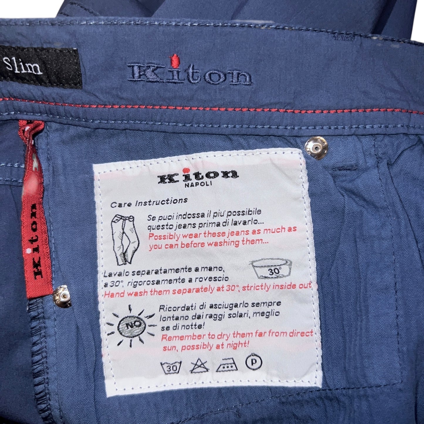 19万 新品 Kiton 総手縫い 鉄青グレーブルー 5ポケ パンツ 32