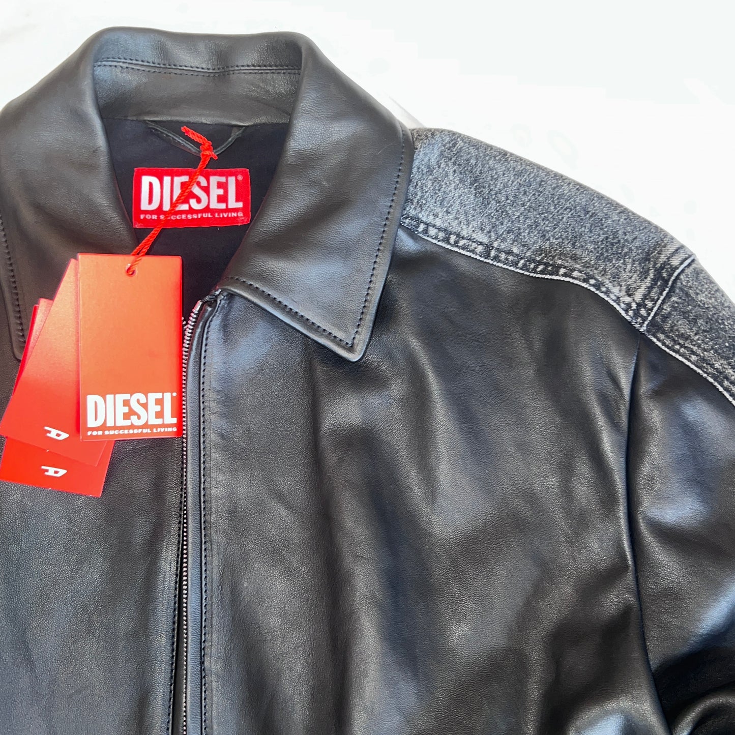 20万 DIESEL シープスキン 麻デニム イタリア製 レザージャケット 黒