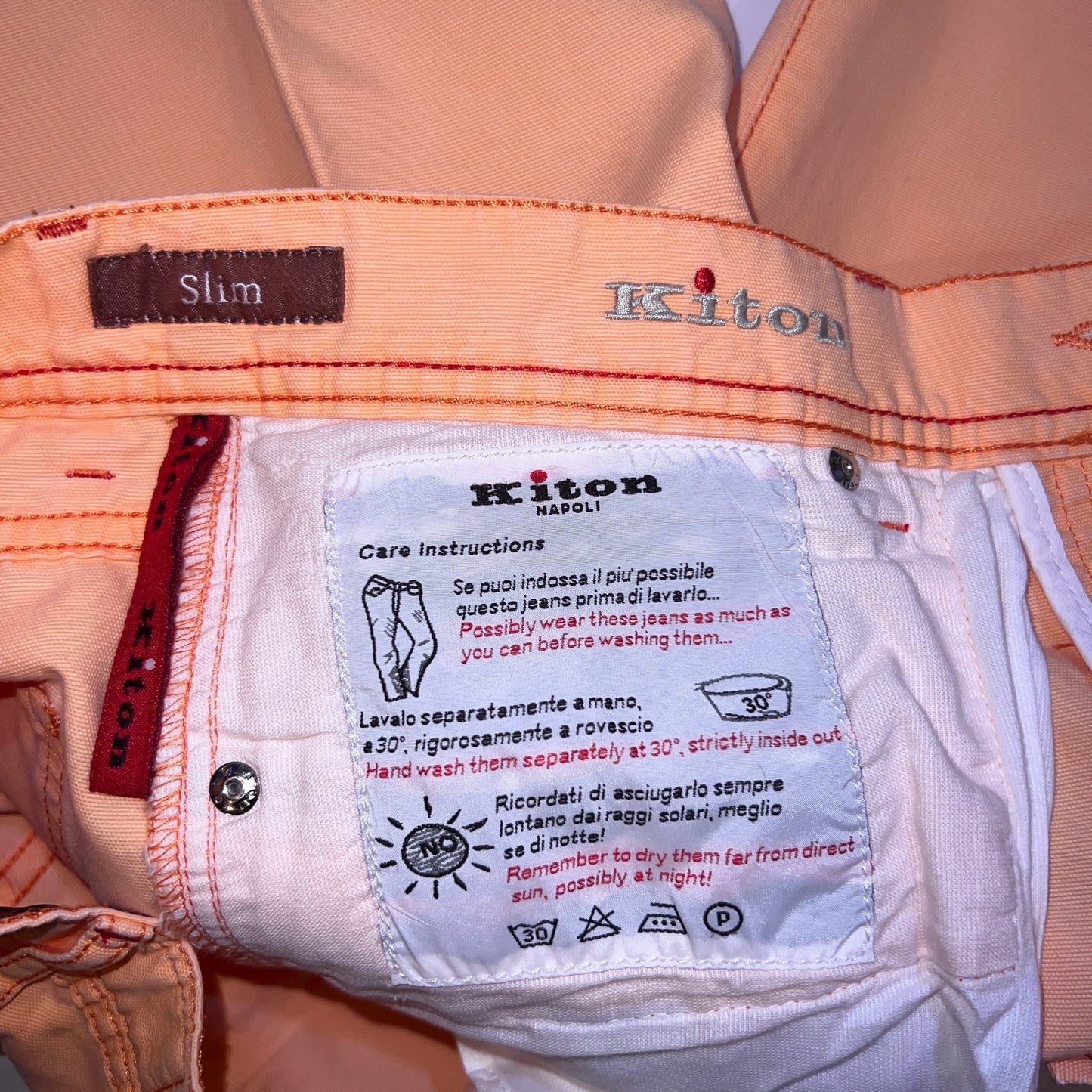 19万 新品 Kiton 総手縫い ダンガリー オレンジ デニム パンツ 32