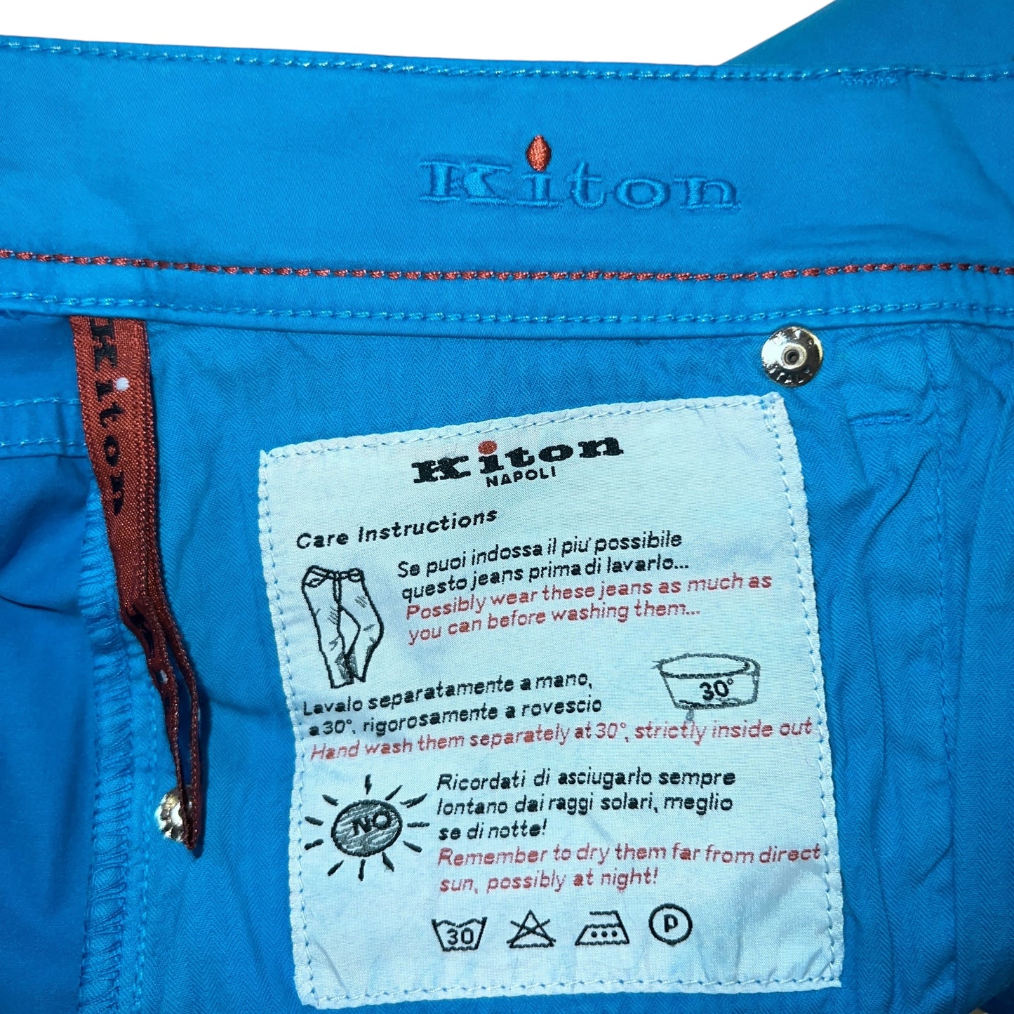 19万 新品 Kiton 総手縫い スカイブルー 5ポケット パンツ 32