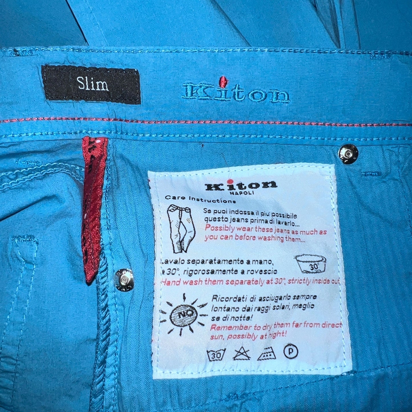 19万 新品 Kiton 総手縫い ブルーペトロレウム 5ポケット パンツ 32