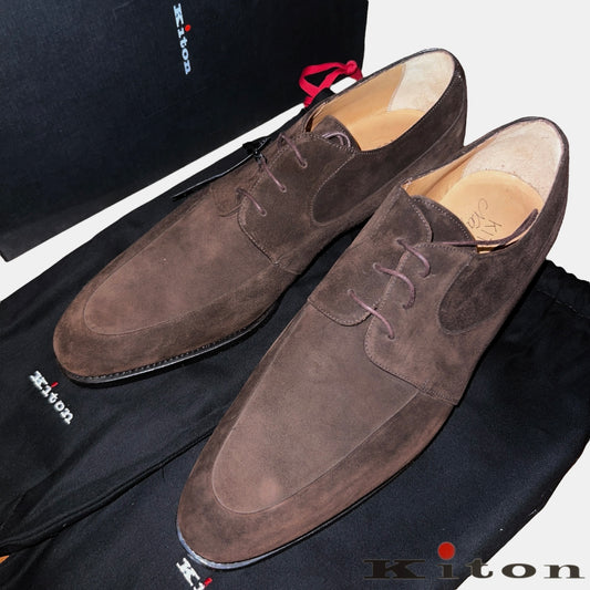 48万 新品 Kiton 総手縫い スエード ダービーシューズ 茶 10.5