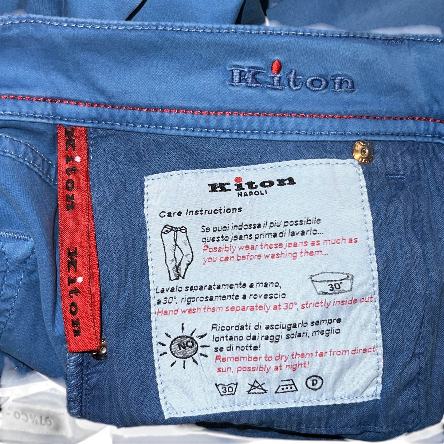 19万 新品 Kiton 総手縫い ウォッシュドスカイエメラルド パンツ 32