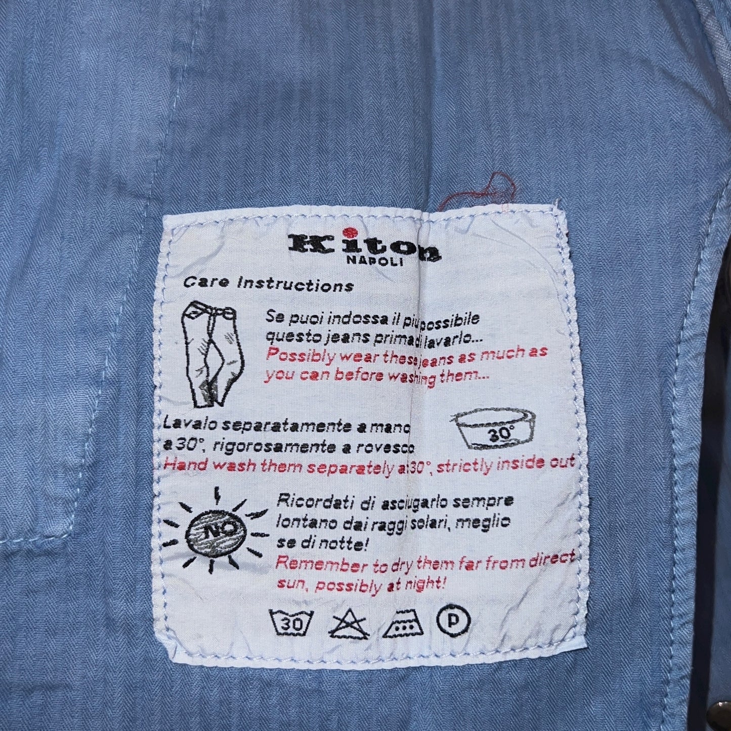 22万 新品 Kiton 総手縫い シルク スカイブルー チノ パンツ 32