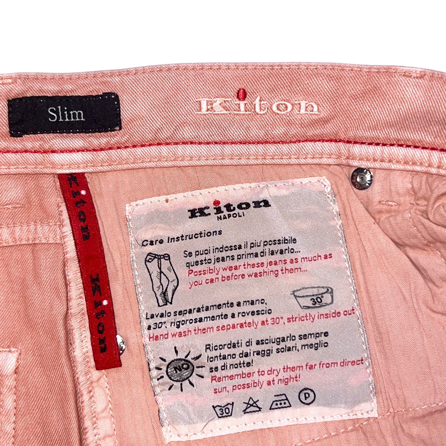 20万 新品 Kiton 総手縫い コーラルピンク 5ポケット パンツ 32