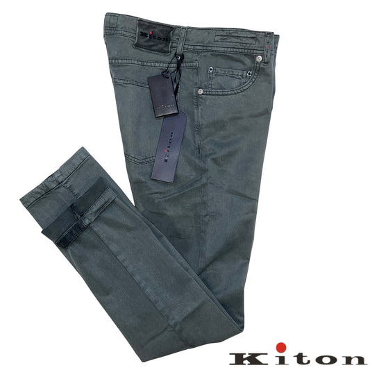 19万 新品 Kiton 総手縫い グリーングレー リヨセル 5ポケット パンツ